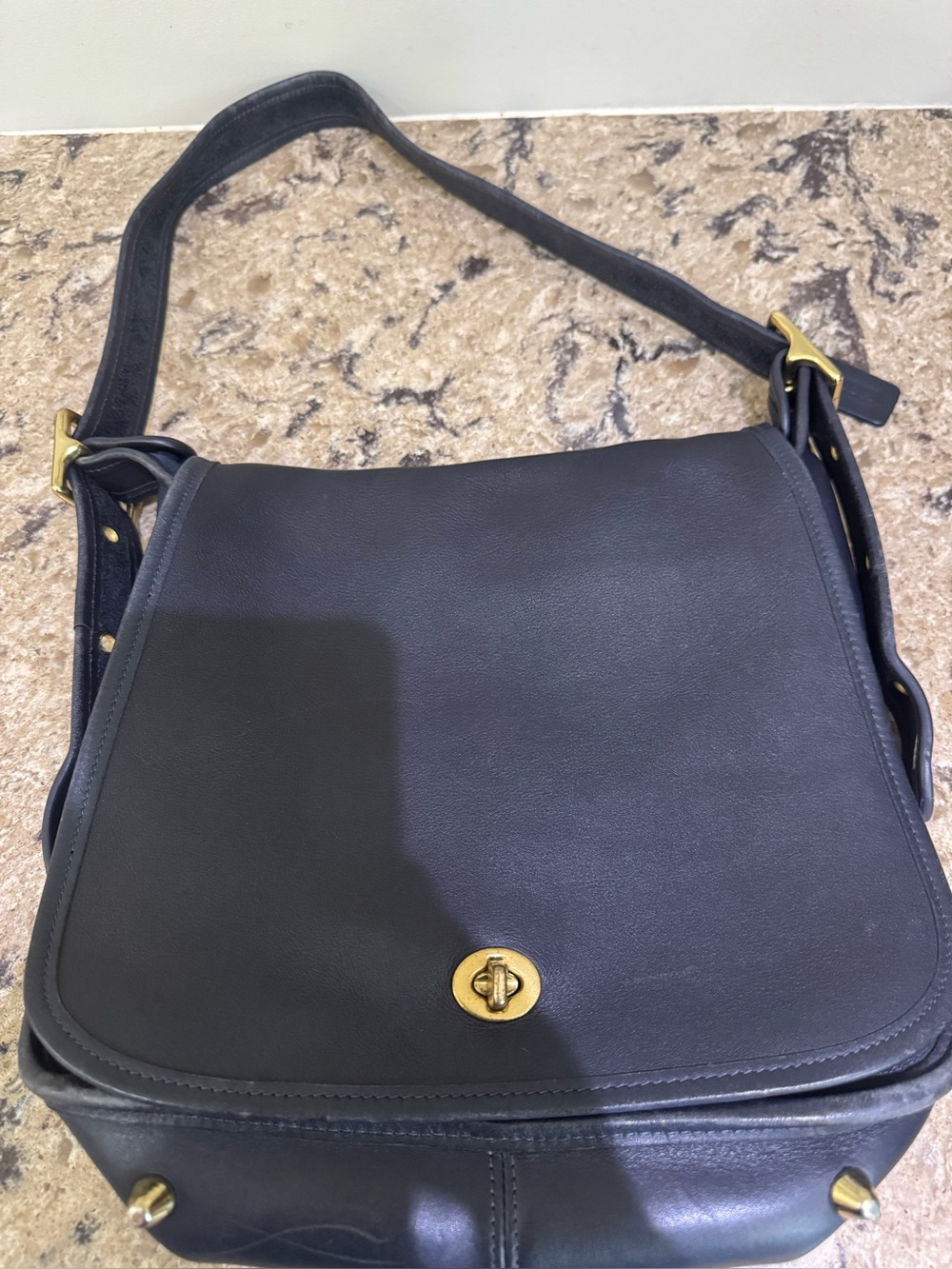Coach Vintage hobo Classic navy/ Black Leather Shoulder Bag with Gold Hardware